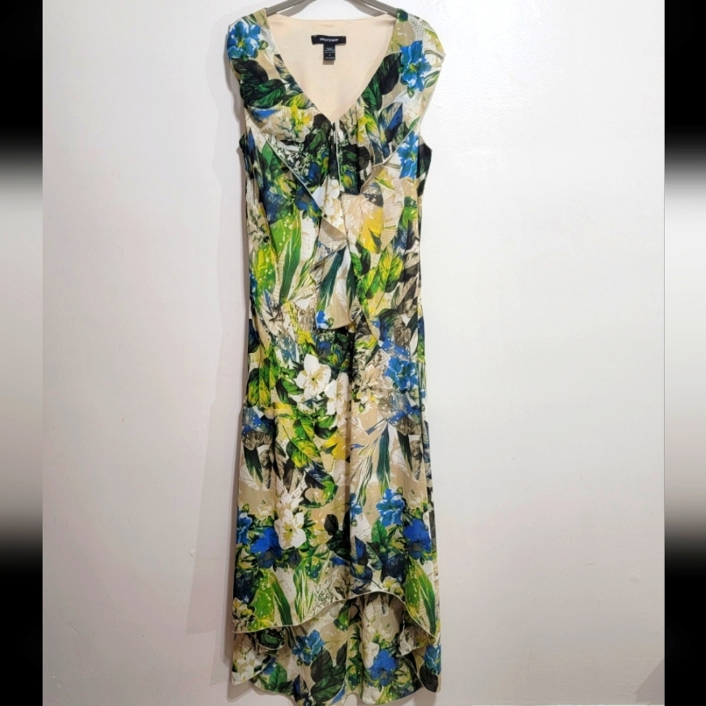 Ashley Stewart Green Floral Chiffon Long Sleeveless V-Neck Hi Lo Maxi Dress 12